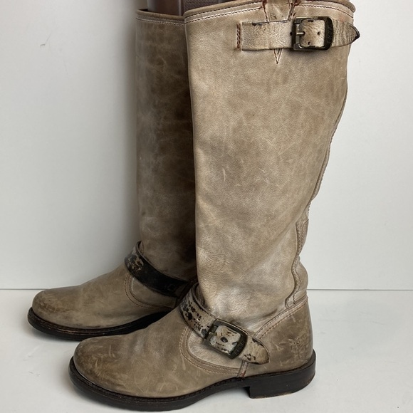 FRYE Slate Brown VERONICA SLOUCH Harness Riding boots Sz 6.5 Distressed Biker - Picture 1 of 16